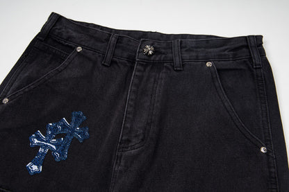 260421 New high-quality leather-stitched workwear washed denim pants