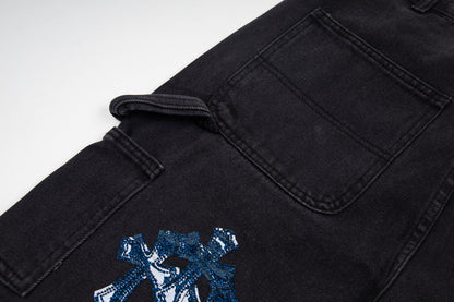 260421 New high-quality leather-stitched workwear washed denim pants