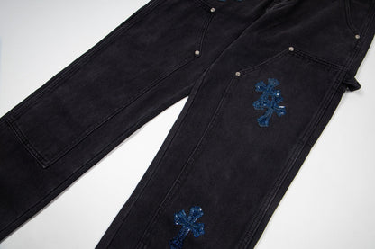 260421 New high-quality leather-stitched workwear washed denim pants