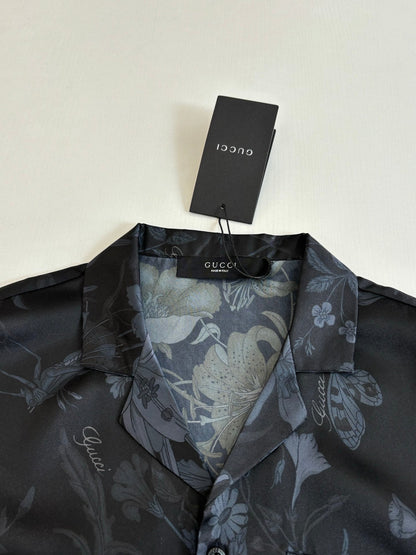 260428 New high-quality butterfly flower printed full-silk suit short-sleeved collar shirt