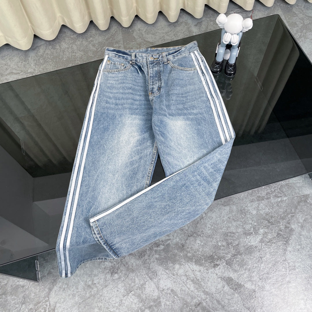 260506 New heavy-duty stitched striped wide-leg jeans