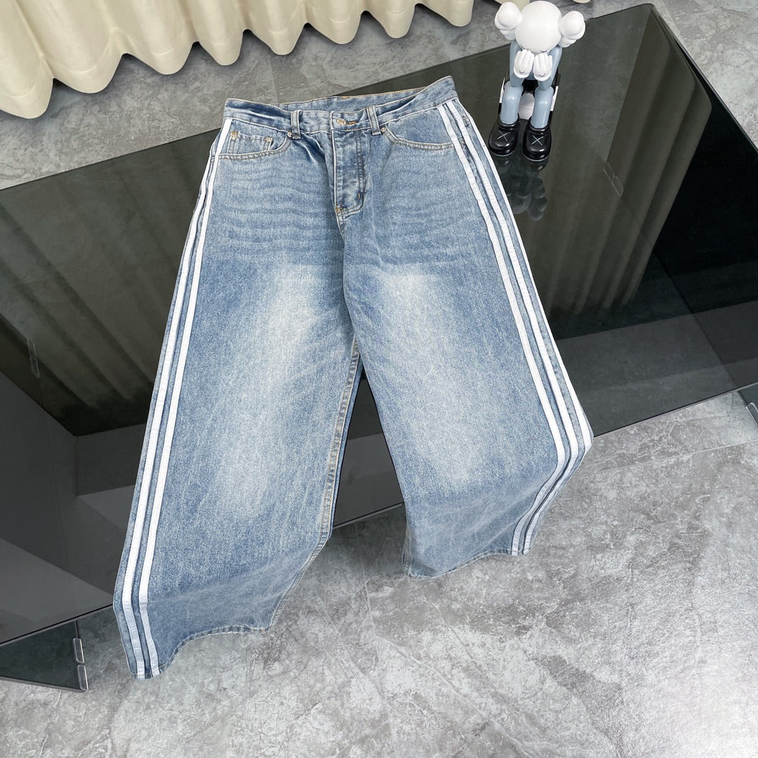260506 New heavy-duty stitched striped wide-leg jeans
