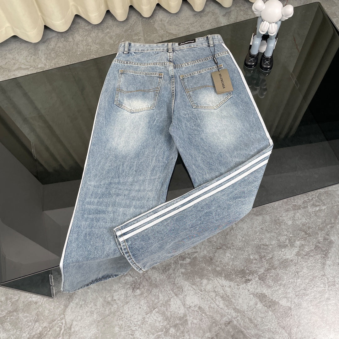 260506 New heavy-duty stitched striped wide-leg jeans