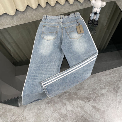 260506 New heavy-duty stitched striped wide-leg jeans