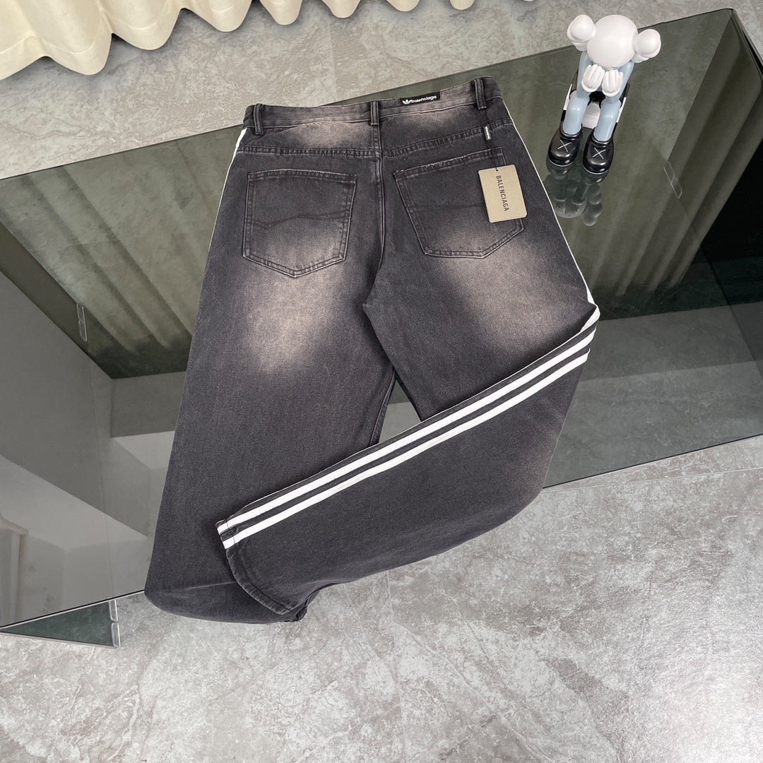 260506 New heavy-duty stitched striped wide-leg jeans