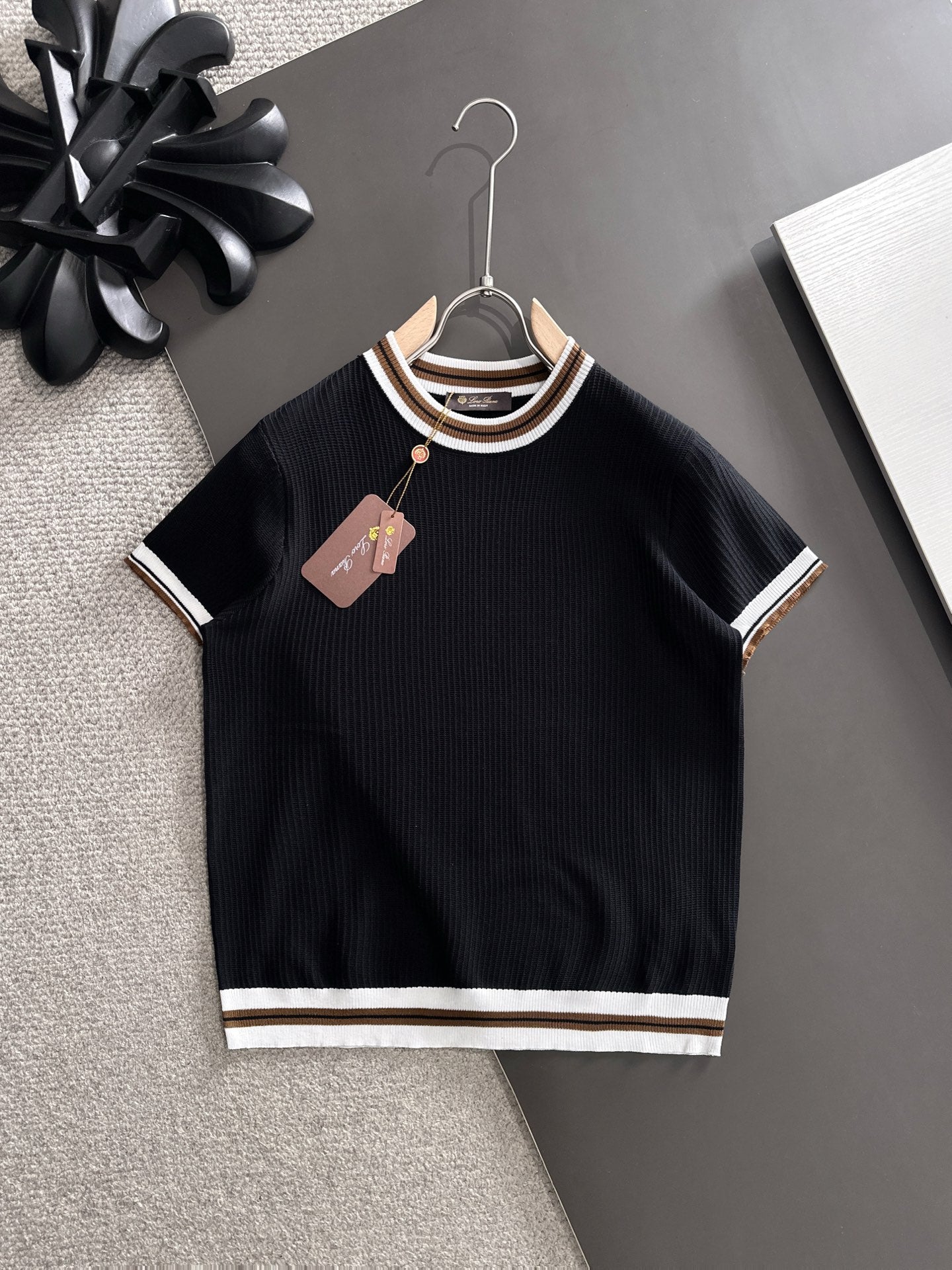 260511 New high-quality combed cotton yarn interwoven neckline knitted T-shirt
