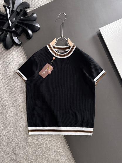 260511 New high-quality combed cotton yarn interwoven neckline knitted T-shirt
