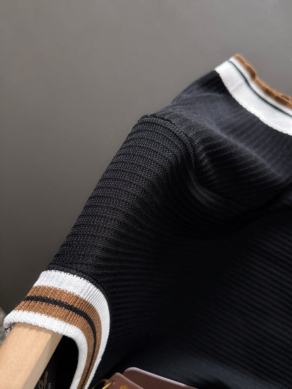 260511 New high-quality combed cotton yarn interwoven neckline knitted T-shirt