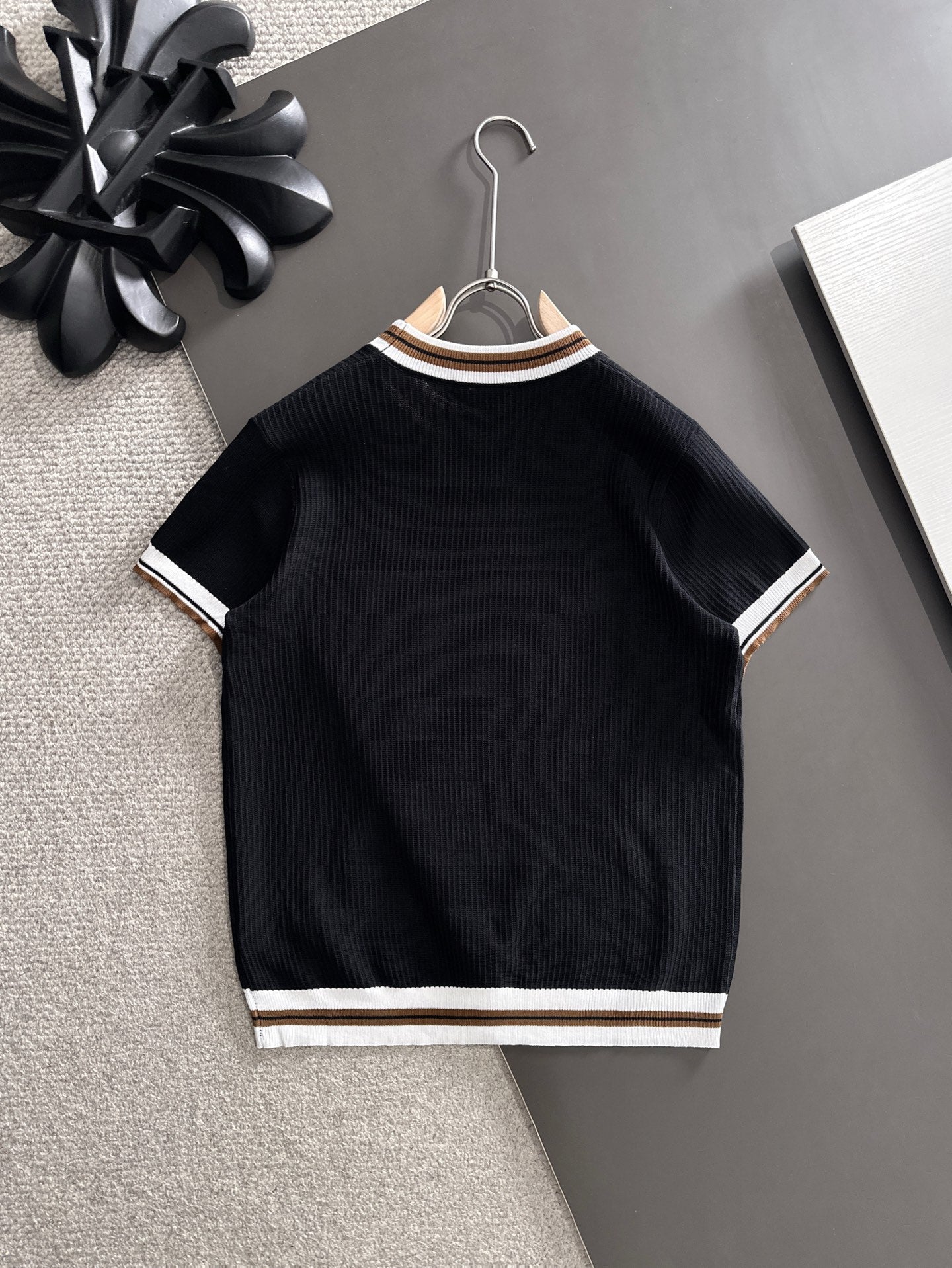 260511 New high-quality combed cotton yarn interwoven neckline knitted T-shirt