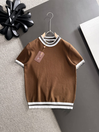 260511 New high-quality combed cotton yarn interwoven neckline knitted T-shirt