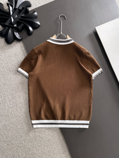 260511 New high-quality combed cotton yarn interwoven neckline knitted T-shirt