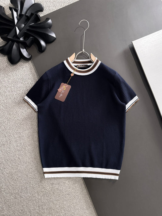 260511 New high-quality combed cotton yarn interwoven neckline knitted T-shirt