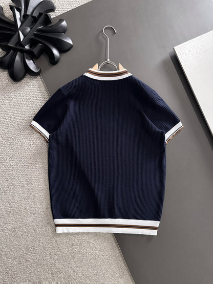 260511 New high-quality combed cotton yarn interwoven neckline knitted T-shirt