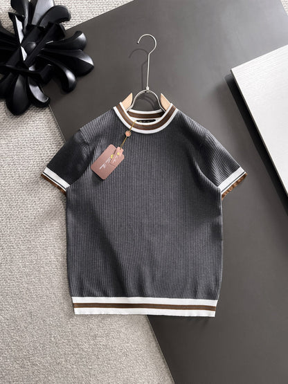 260511 New high-quality combed cotton yarn interwoven neckline knitted T-shirt