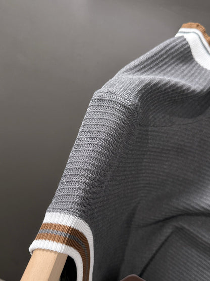 260511 New high-quality combed cotton yarn interwoven neckline knitted T-shirt