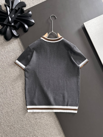 260511 New high-quality combed cotton yarn interwoven neckline knitted T-shirt