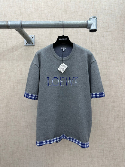 260511 New high-quality, thick, custom-designed plaid patchwork knitted short-sleeved shirt