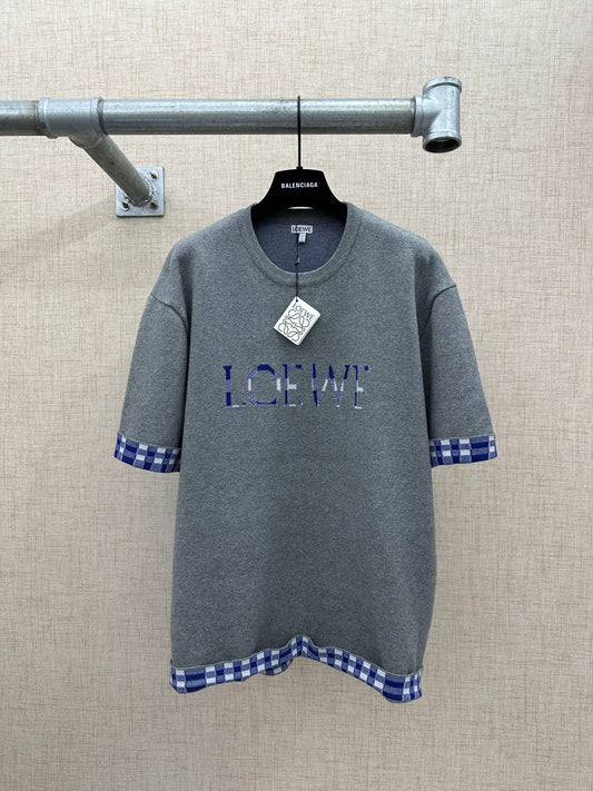 260511 New high-quality, thick, custom-designed plaid patchwork knitted short-sleeved shirt