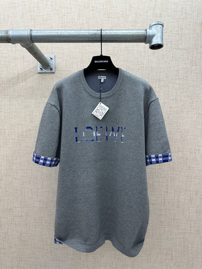 260511 New high-quality, thick, custom-designed plaid patchwork knitted short-sleeved shirt