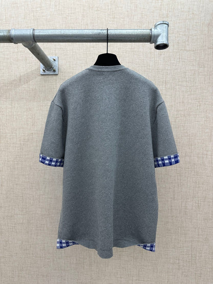 260511 New high-quality, thick, custom-designed plaid patchwork knitted short-sleeved shirt