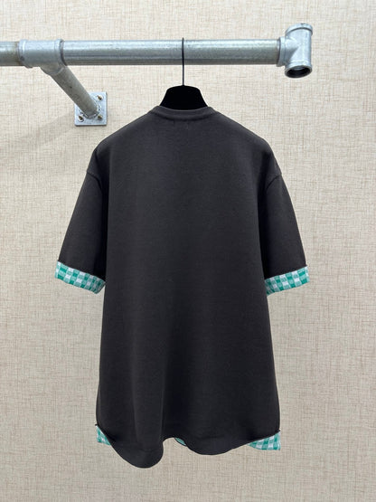 260511 New high-quality, thick, custom-designed plaid patchwork knitted short-sleeved shirt