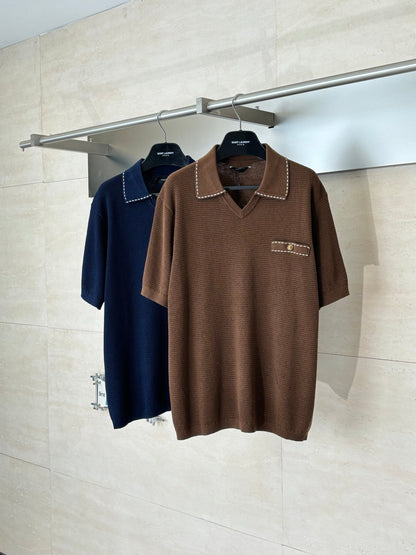 260521 New high-quality V-neck knitted polo with a collar and short sleeves