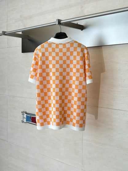 260610 New high-quality checkered color-matched open-weave knitted PoLo