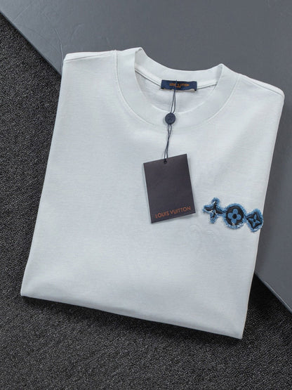 260610 New high-quality and elaborately crafted washed chest denim patchwork clover T-shirt