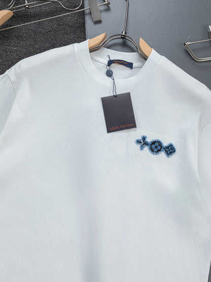 260610 New high-quality and elaborately crafted washed chest denim patchwork clover T-shirt