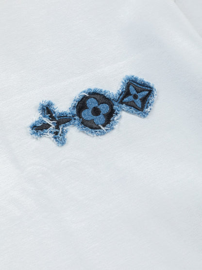 260610 New high-quality and elaborately crafted washed chest denim patchwork clover T-shirt