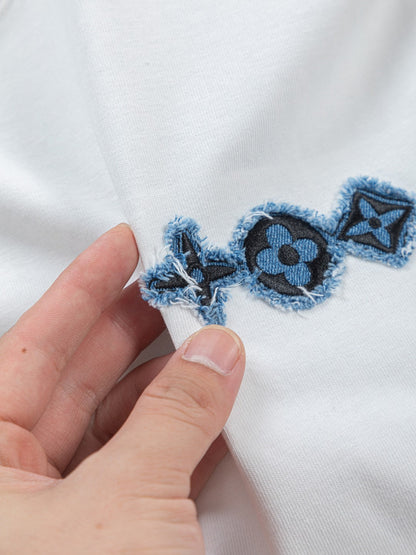 260610 New high-quality and elaborately crafted washed chest denim patchwork clover T-shirt