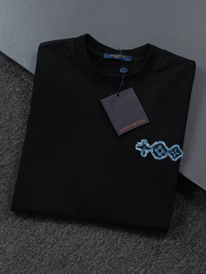 260610 New high-quality and elaborately crafted washed chest denim patchwork clover T-shirt