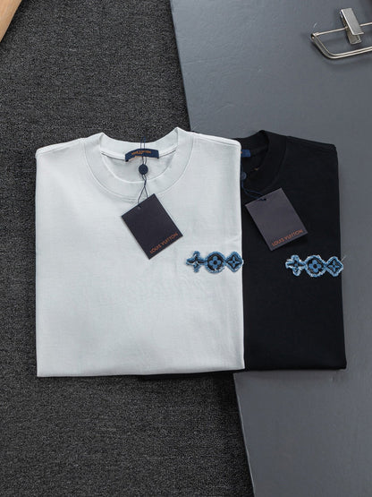 260610 New high-quality and elaborately crafted washed chest denim patchwork clover T-shirt