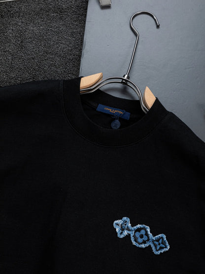 260610 New high-quality and elaborately crafted washed chest denim patchwork clover T-shirt