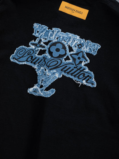 260610 New high-quality and elaborately crafted washed chest denim patchwork clover T-shirt