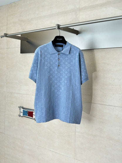 260610 New top-quality light blue monogram jacquard full-printed jacquard knitted short-sleeved Polo shirt