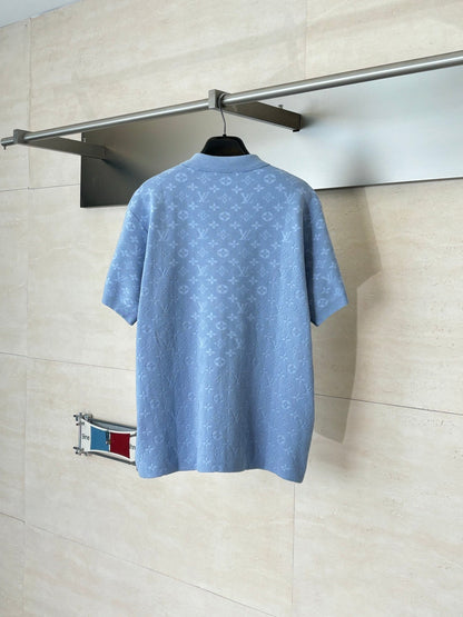 260610 New top-quality light blue monogram jacquard full-printed jacquard knitted short-sleeved Polo shirt