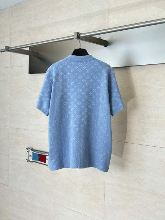 260610 New top-quality light blue monogram jacquard full-printed jacquard knitted short-sleeved Polo shirt