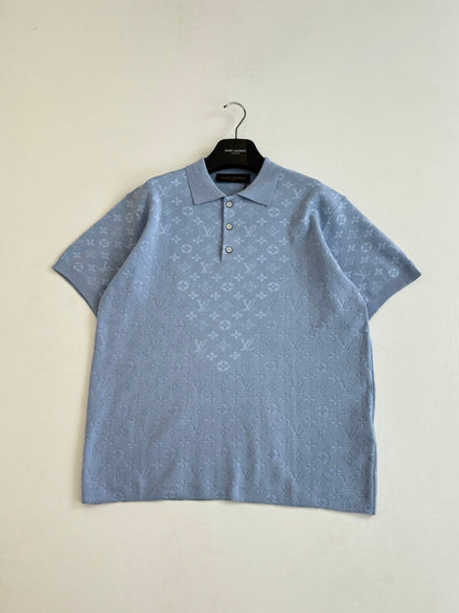 260610 New top-quality light blue monogram jacquard full-printed jacquard knitted short-sleeved Polo shirt