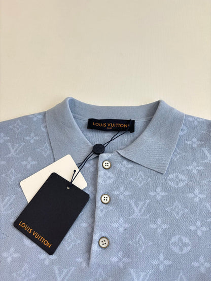 260610 New top-quality light blue monogram jacquard full-printed jacquard knitted short-sleeved Polo shirt