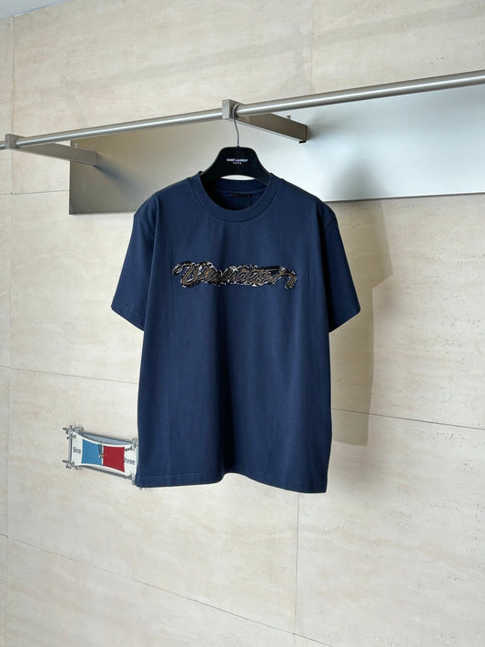 260610 New top-quality denim patch-stripped and embroidered short-sleeved T-shirt