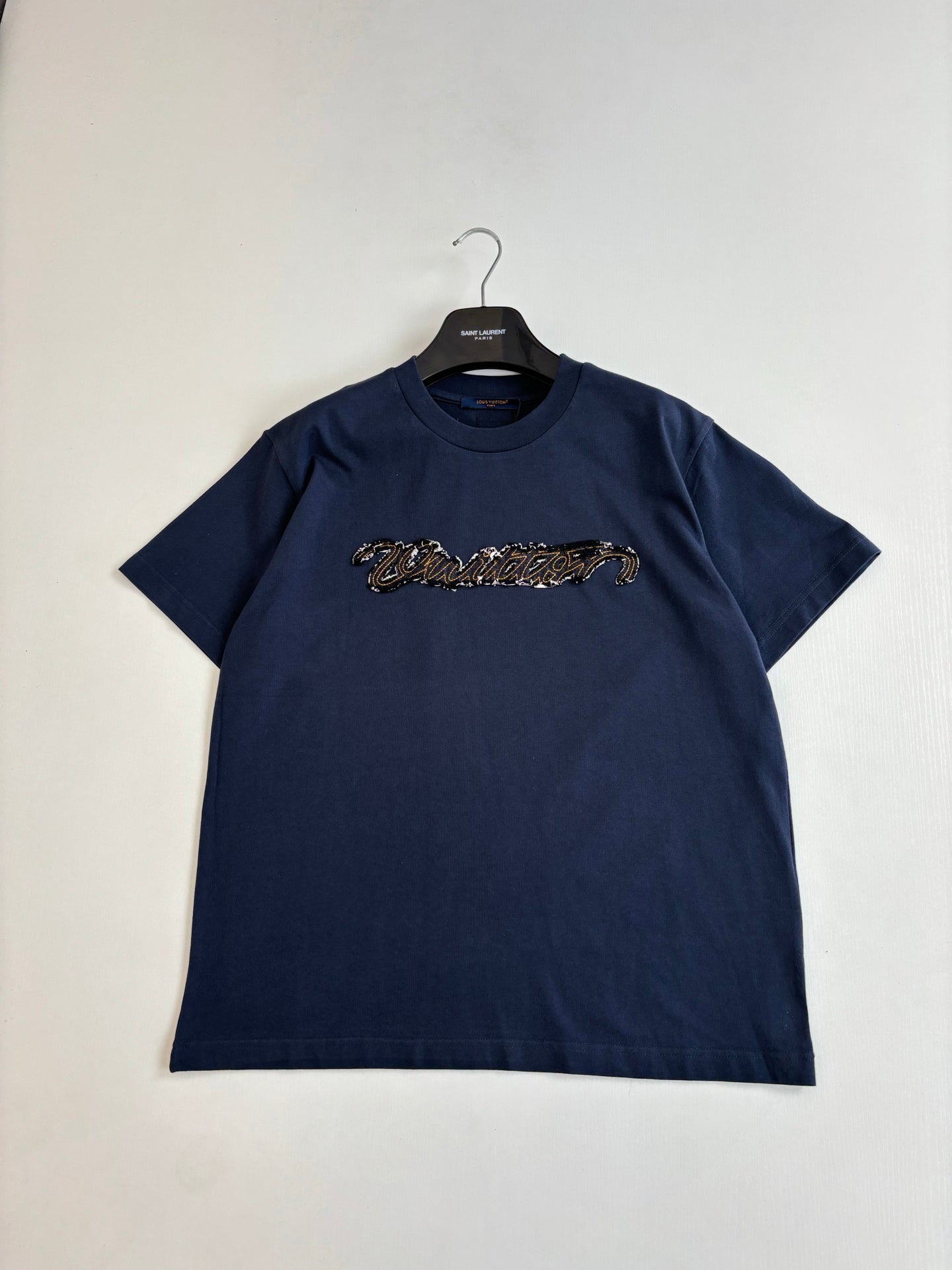 260610 New top-quality denim patch-stripped and embroidered short-sleeved T-shirt