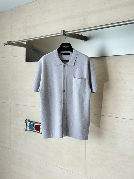 260610 New top-quality light gray full-pattern Monogram jacquard raised-knit short-sleeved cardigan