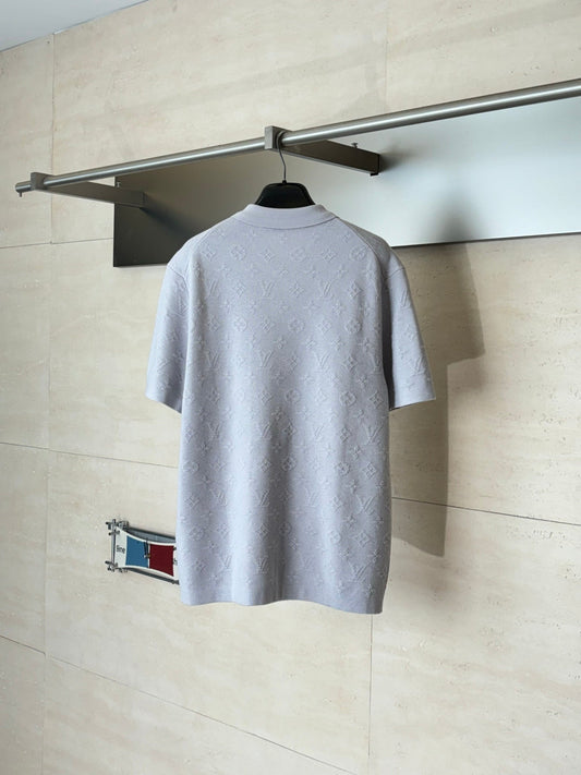 260610 New top-quality light gray full-pattern Monogram jacquard raised-knit short-sleeved cardigan