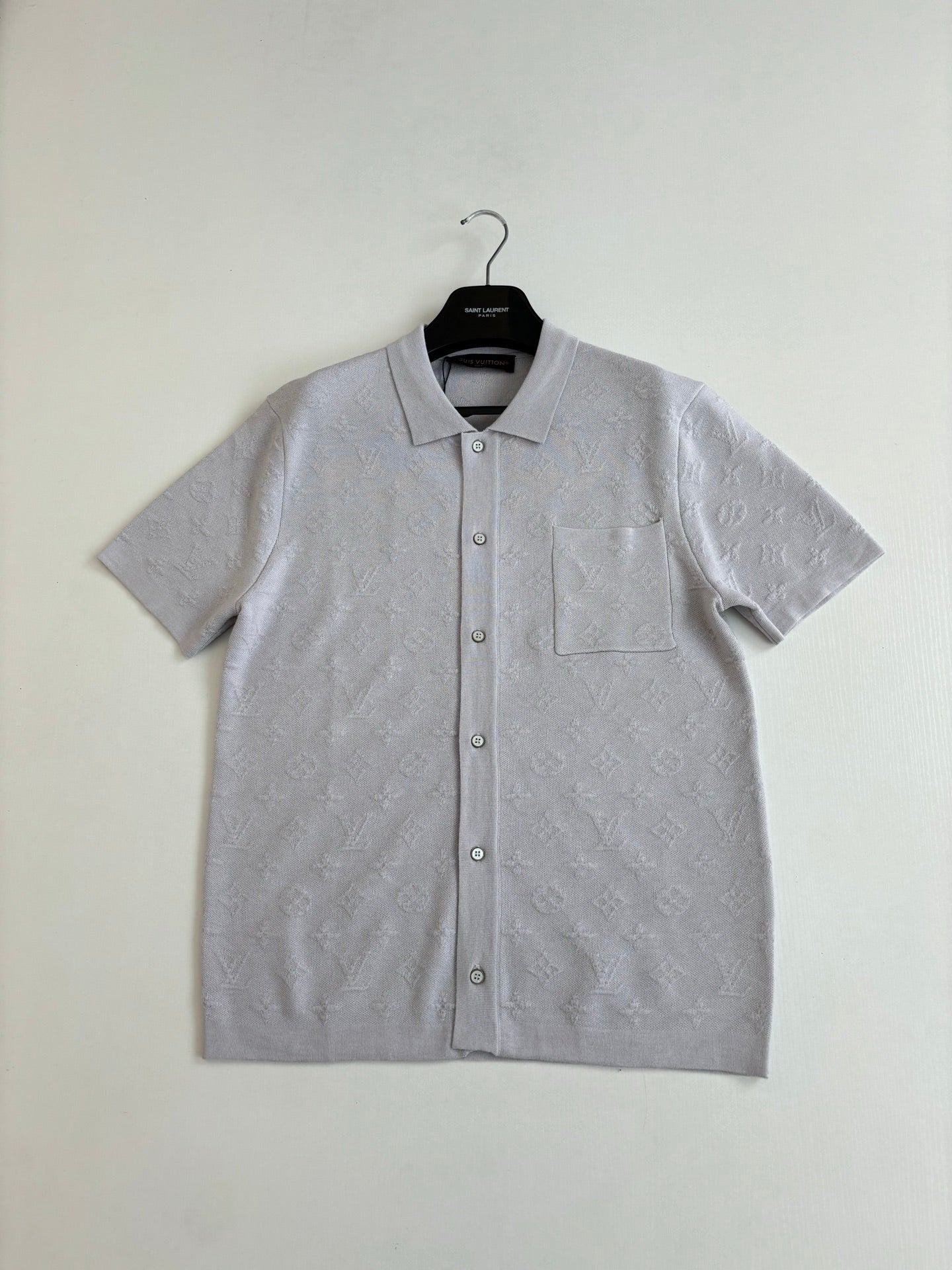 260610 New top-quality light gray full-pattern Monogram jacquard raised-knit short-sleeved cardigan