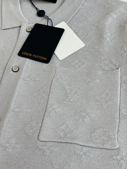 260610 New top-quality light gray full-pattern Monogram jacquard raised-knit short-sleeved cardigan