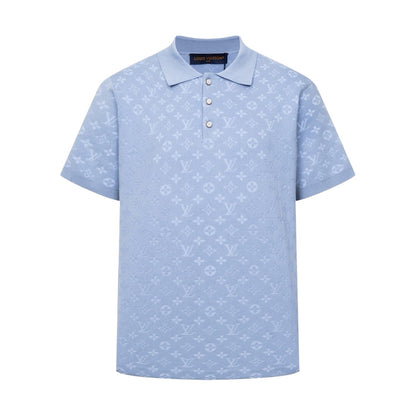 260610 New top-quality light blue full-patterned textured jacquard knitted Polo shirt