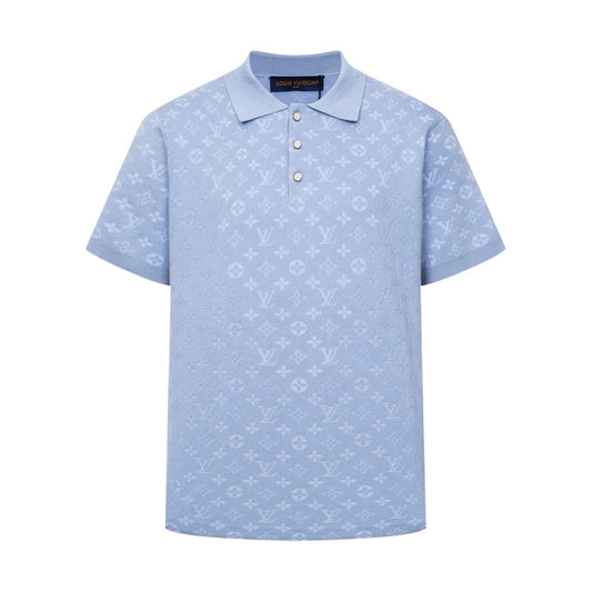 260610 New top-quality light blue full-patterned textured jacquard knitted Polo shirt