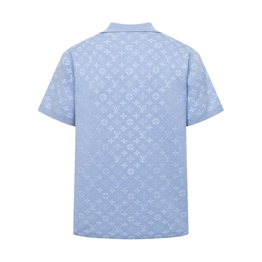 260610 New top-quality light blue full-patterned textured jacquard knitted Polo shirt