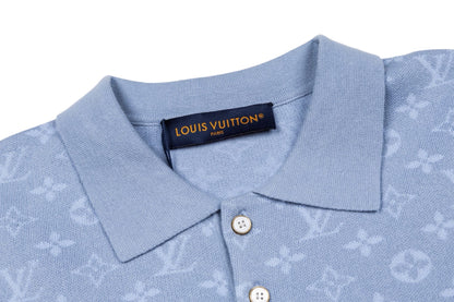 260610 New top-quality light blue full-patterned textured jacquard knitted Polo shirt
